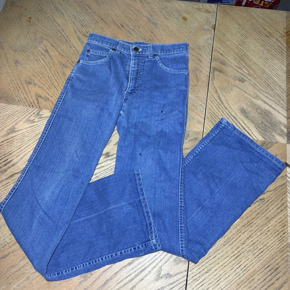 Vintage Levis Movin On Jeans W28 L32 Blue Tab High Waist Embroidered Flare 70s